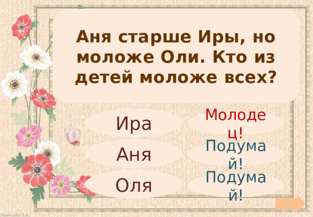 Аня старше Иры, но моложе Оли. Кто из детей моложе всех? Ира Молодец! Аня Подумай! Оля Подумай! 