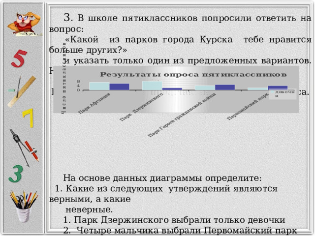  3 . В школе пятиклассников попросили ответить на вопрос:  «Какой из парков города Курска тебе нравится больше других?»  и указать только один из предложенных вариантов. На вопрос  ответили 38 учеников. Ниже на диаграмме представлены результаты опроса.  На основе данных диаграммы определите:  1. Какие из следующих утверждений являются верными, а какие  неверные.  1. Парк Дзержинского выбрали только девочки  2. Четыре мальчика выбрали Первомайский парк  3. Парк Афганцев выбрали 13 учащихся  2. Сколько мальчиков и сколько девочек участвовали в опросе. 