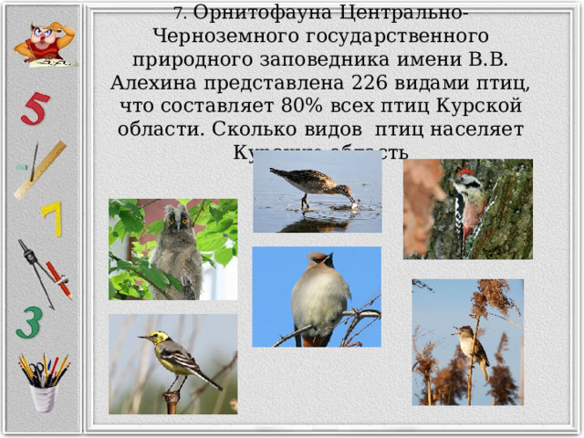 7. Орнитофауна Центрально-Черноземного государственного природного заповедника имени В.В. Алехина представлена 226 видами птиц, что составляет 80% всех птиц Курской области. Сколько видов птиц населяет Курскую область 