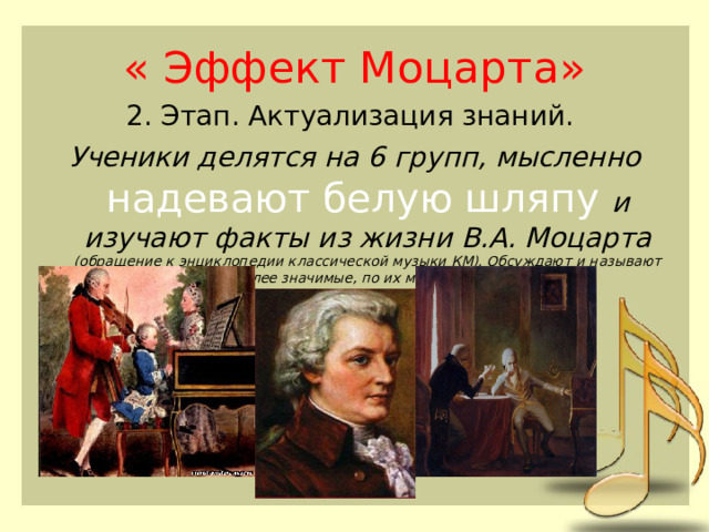 « Эффект Моцарта» 2. Этап. Актуализация знаний. Ученики делятся на 6 групп, мысленно надевают белую шляпу  и изучают факты из жизни В.А. Моцарта (обращение к энциклопедии классической музыки КМ). Обсуждают и называют наиболее значимые, по их мнению, факты.) 