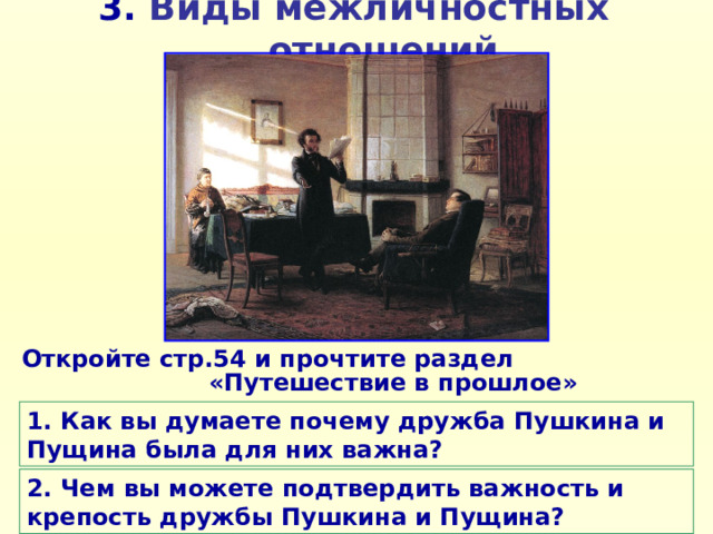 3. Виды межличностных отношений Откройте стр.54 и прочтите раздел «Путешествие в прошлое» 1. Как вы думаете почему дружба Пушкина и Пущина была для них важна? 2. Чем вы можете подтвердить важность и крепость дружбы Пушкина и Пущина? 