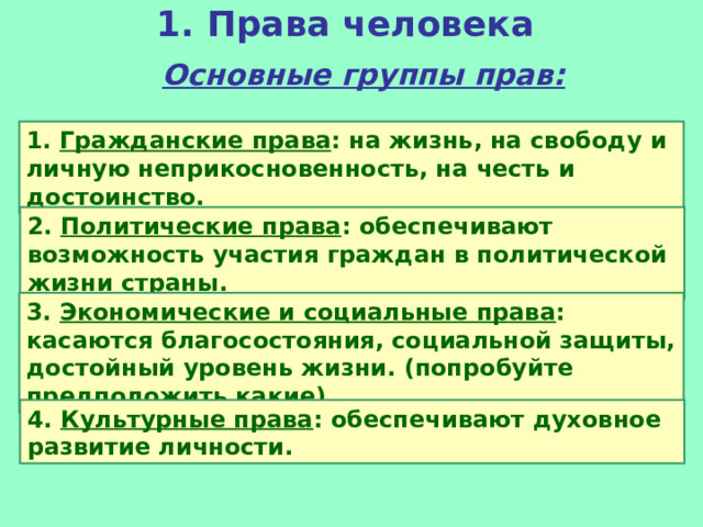 1. Права человека       Основные группы прав:     1. Гражданские права : на жизнь, на свободу и личную неприкосновенность, на честь и достоинство. 2. Политические права : обеспечивают возможность участия граждан в политической жизни страны. 3. Экономические и социальные права : касаются благосостояния, социальной защиты, достойный уровень жизни. (попробуйте предположить какие) 4. Культурные права : обеспечивают духовное развитие личности. 