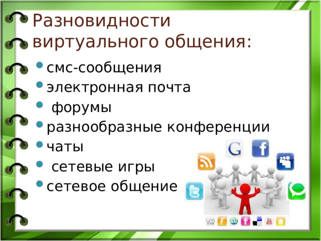 Разновидности виртуального общения: смс-сообщения электронная почта  форумы разнообразные конференции чаты  сетевые игры сетевое общение 