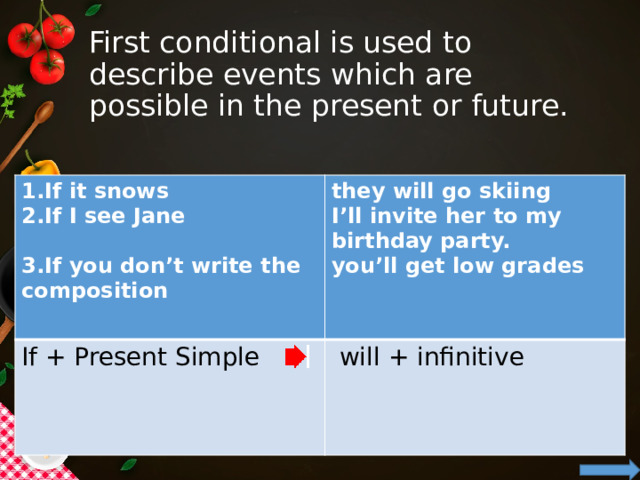 First conditional is used to describe events which are possible in the present or future. 1.If it snows 2.If I see Jane they will go skiing If + Present Simple I’ll invite her to my birthday party.  will + infinitive  3.If you don’t write the composition you’ll get low grades  