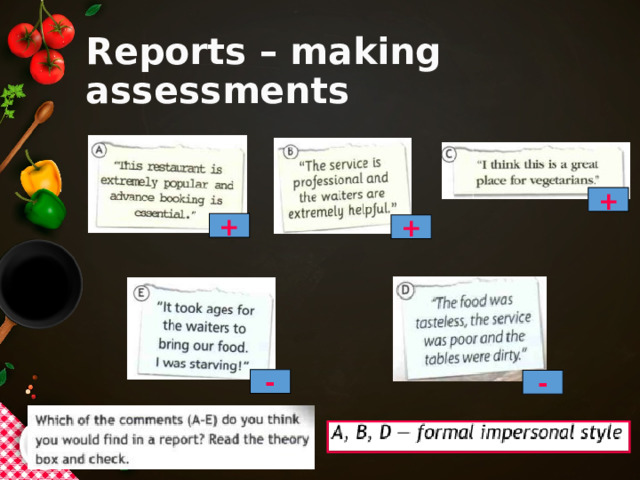 Reports – making assessments + + + - - 