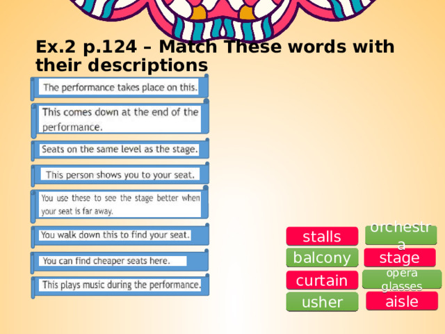 Ex.2 p.124 – Match These words with their descriptions orchestra stalls stage balcony opera glasses curtain aisle usher 