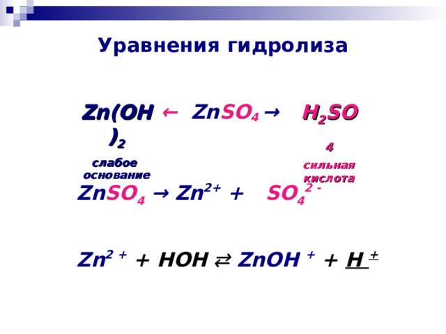 Уравнения гидролиза ←  Zn S O 4  → Zn (ОН) 2 слабое  основание H 2 SO 4 сильная  кислота Zn SO 4  → Zn 2+  +    SO 4 2 - Zn 2  +  + HOH  ⇄  ZnOH +  + H +  