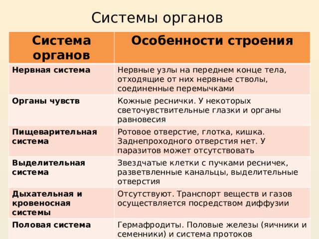 Системы органов Система органов Особенности строения Нервная система Нервные узлы на переднем конце тела, отходящие от них нервные стволы, соединенные перемычками Органы чувств Кожные реснички. У некоторых светочувствительные глазки и органы равновесия Пищеварительная система Ротовое отверстие, глотка, кишка. Заднепроходного отверстия нет. У паразитов может отсутствовать Выделительная система Звездчатые клетки с пучками ресничек, разветвленные канальцы, выделительные отверстия Дыхательная и кровеносная системы Отсутствуют. Транспорт веществ и газов осуществляется посредством диффузии Половая система Гермафродиты. Половые железы (яичники и семенники) и система протоков 