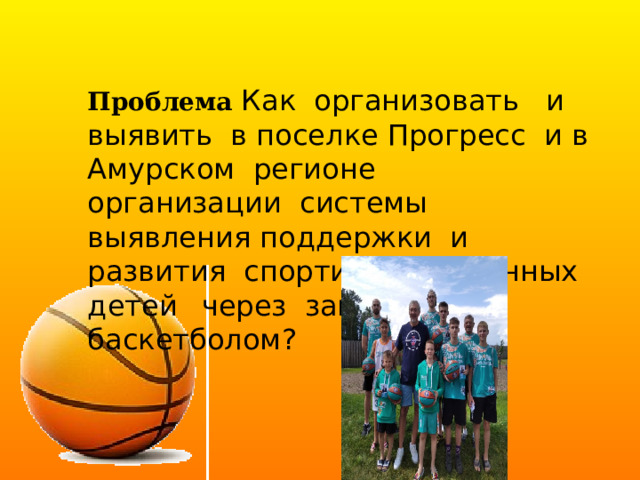Проблема Как организовать и выявить в поселке Прогресс и в Амурском регионе организации системы выявления поддержки и развития спортивно-одаренных детей  через занятия баскетболом? 
