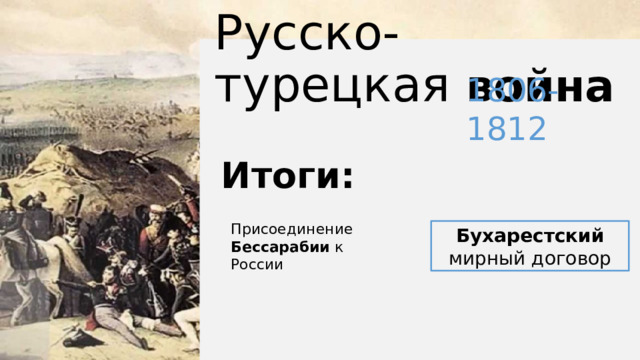 Русско-турецкая война 1806-1812 Итоги: Присоединение Бессарабии к России Бухарестский мирный договор 