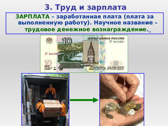  3. Труд и зарплата ЗАРПЛАТА – заработанная плата (плата за выполненную работу). Научное название – трудовое денежное вознаграждение .  