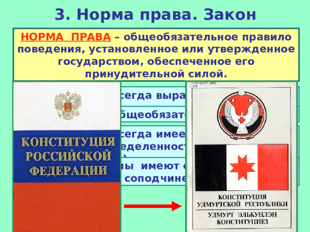 3. Норма права. Закон НОРМА ПРАВА  – общеобязательное правило поведения, установленное или утвержденное государством, обеспеченное его принудительной силой. 1. Норма права всегда выражает волю государства 2. Норма права общеобязательна 3. Норма права всегда имеет строгую формальную определенность (ясность, не двусмысленность) 4. Правовые нормы имеют строгую иерархичность и соподчиненность 