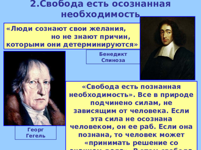 2. C вобода есть осознанная необходимость «Люди сознают свои желания, но не знают причин, которыми они детерминируются» Бенедикт Спиноза «Свобода есть познанная необходимость». Все в природе подчинено силам, не зависящим от человека. Если эта сила не осознана человеком, он ее раб. Если она познана, то человек может «принимать решение со знанием дела». В этом свобода воли. Георг Гегель 