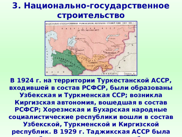 3. Национально-государственное строительство В 1924 г. на территории Туркестанской АССР, входившей в состав РСФСР, были образованы Узбекская и Туркменская ССР; возникла Киргизская автономия, вошедшая в состав РСФСР; Хорезмская и Бухарская народные социалистические республики вошли в состав Узбекской, Туркменской и Киргизской республик. В 1929 г. Таджикская АССР была преобразована в союзную республику. 