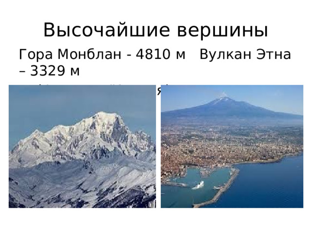 Высочайшие вершины Гора Монблан - 4810 м Вулкан Этна – 3329 м  (Франция/Италия) (Сицилия, Италия) 