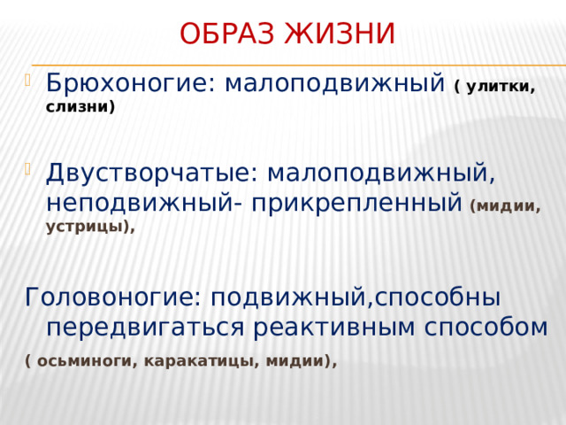 Образ жизни Брюхоногие: малоподвижный ( улитки, слизни) Двустворчатые: малоподвижный, неподвижный- прикрепленный (мидии, устрицы), Головоногие: подвижный,способны передвигаться реактивным способом ( осьминоги, каракатицы, мидии),   