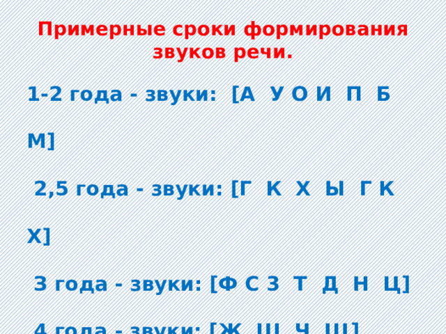 Примерные сроки формирования звуков речи.   1-2 года - звуки: [А У О И П Б М]  2,5 года - звуки: [Г К X Ы Г К X]  З года - звуки: [Ф С 3 Т Д Н Ц]  4 года - звуки: [Ж Ш Ч Щ]  5 лет - звуки: [Л Р] 