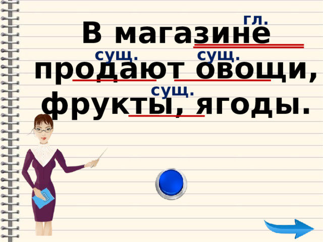 гл. В магазине продают овощи, фрукты, ягоды. сущ. сущ. сущ. 