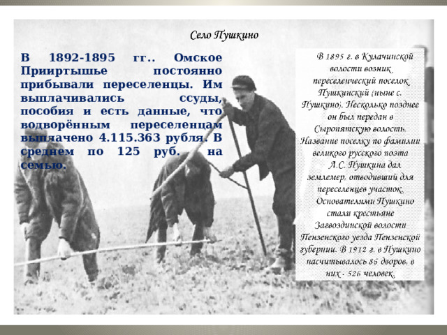 В 1892-1895 гг.. Омское Прииртышье постоянно прибывали переселенцы. Им выплачивались ссуды, пособия и есть данные, что водворённым переселенцам выплачено 4.115.363 рубля. В среднем по 125 руб. на семью. 
