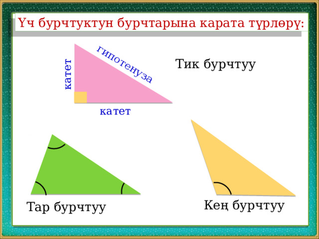 гипотенуза катет Үч бурчтуктун бурчтарына карата түрлөрү: Тик бурчтуу катет Кең бурчтуу Тар бурчтуу 