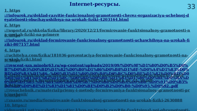  Internet-ресурсы. 1. https ://infourok.ru/doklad-razvitie-funkcionalnoj-gramotnosti-cherez-organizaciyu-uchebnoj-deyatelnosti-obuchayushihsya-na-urokah-fiziki-4203164.html . 3. https ://infourok.ru/doklad-formirovanie-funkcionalnoy-gramotnosti-uchaschihsya-na-urokah-fiziki-807157.html . 5. https ://rescent-szn.minobr63.ru/wp-content/uploads/2019/09/%D0%9F%D1%80%D0%B5%D0%B7%D0%B5%D0%BD%D1%82%D0%B0%D1%86%D0%B8%D1%8F-%D0%A4%D1%83%D0%BD%D0%BA%D1%86.-%D0%B3%D1%80%D0%B0%D0%BC%D0%BE%D1%82%D0%BD%D0%BE%D1%81%D1%82%D1%8C-%D0%BD%D0%B0-%D1%83%D1%80%D0%BE%D0%BA%D0%B0%D1%85-%D1%84%D0%B8%D0%B7%D0%B8%D0%BA%D0%B8-%D0%91%D0%B5%D0%BB%D0%BE%D1%83%D1%81%D0%BE%D0%B2%D0%B0-%D0%95.%D0%92..pdf  9. https ://znanio.ru/media/formirovanie-funktsionalnoj-gramotnosti-na-urokah-fiziki-2630888 10. https :// videouroki.net/razrabotki/mastier-klass-po-tiemie-razvitiie-funktsional-noi-ghramotnosti-na-urokakh-inform.html 