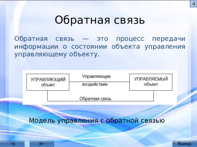 3 Обратная связь Обратная связь — это процесс передачи информации о состоянии объекта управления управляющему объекту. Модель управления с обратной связью 3 