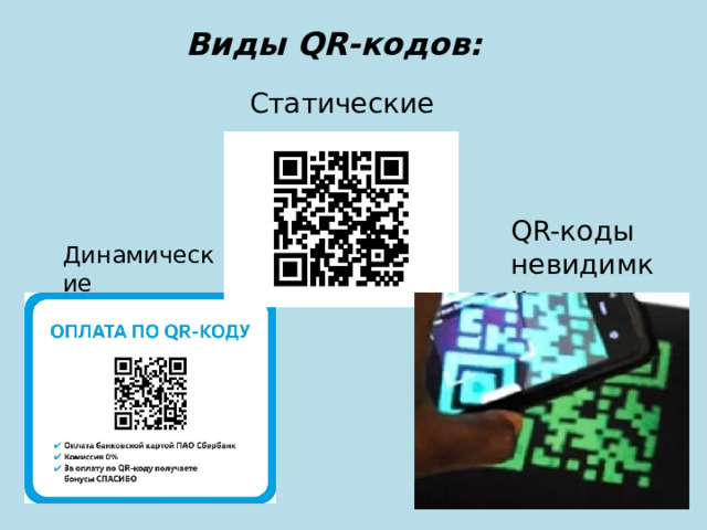 Виды QR-кодов: Статические QR-коды невидимки Динамические 