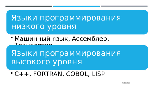 Языки программирования низкого уровня Машинный язык, Ассемблер, Транслятор Машинный язык, Ассемблер, Транслятор Языки программирования высокого уровня С++, FORTRAN, COBOL, LISP С++, FORTRAN, COBOL, LISP 08/18/2023 