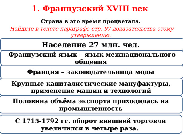 1. Французский XVIII век  Страна в это время процветала. Найдите в тексте параграфа стр. 97 доказательства этому утверждению. Население 27 млн. чел. Французский язык – язык межнационального общения Франция – законодательница моды Крупные капиталистические мануфактуры, применение машин и технологий Половина объёма экспорта приходилась на промышленность С 1715-1792 гг. оборот внешней торговли увеличился в четыре раза. 