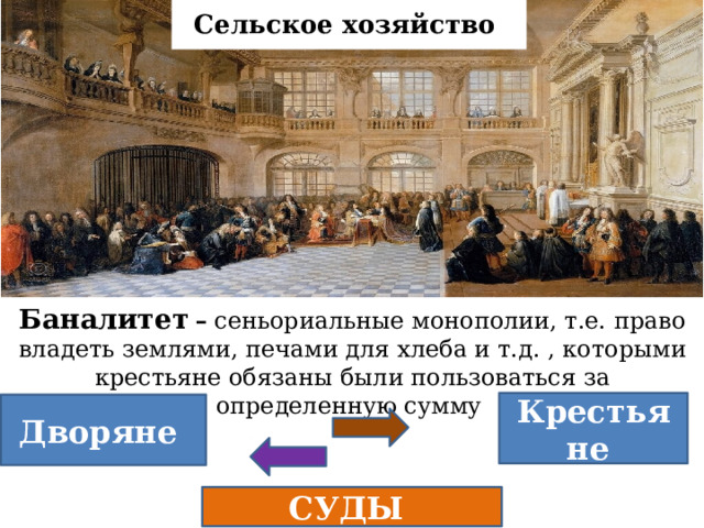 Сельское хозяйство Баналитет  – сеньориальные монополии, т.е. право владеть землями, печами для хлеба и т.д. , которыми крестьяне обязаны были пользоваться за определенную сумму Крестьяне Дворяне СУДЫ 