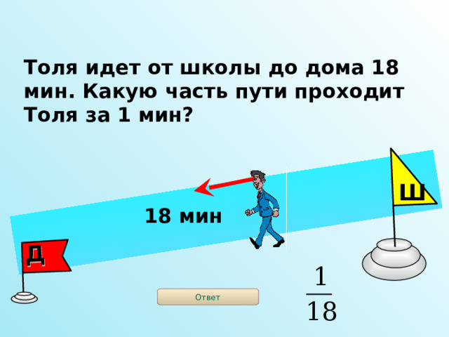 Д Толя идет от школы до дома 18 мин. Какую часть пути проходит Толя за 1 мин? Ш 18 мин Ответ 2 