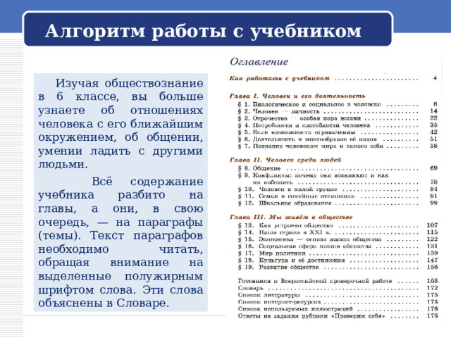 Алгоритм работы с учебником  Изучая обществознание в 6 классе, вы больше узнаете об отношениях человека с его ближайшим окружением, об общении, умении ладить с другими людьми.  Всё содержание учебника разбито на главы, а они, в свою очередь, — на параграфы (темы). Текст параграфов необходимо читать, обращая внимание на выделенные полужирным шрифтом слова. Эти слова объяснены в Словаре. 