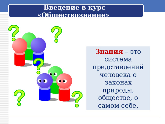 Введение в курс «Обществознание» Знания – это система представлений человека о законах природы, обществе, о самом себе. Обращается к ученикам: – Вы начинаете изучение нового предмета – обществознания. Как вы думаете, о чём этот предмет?  