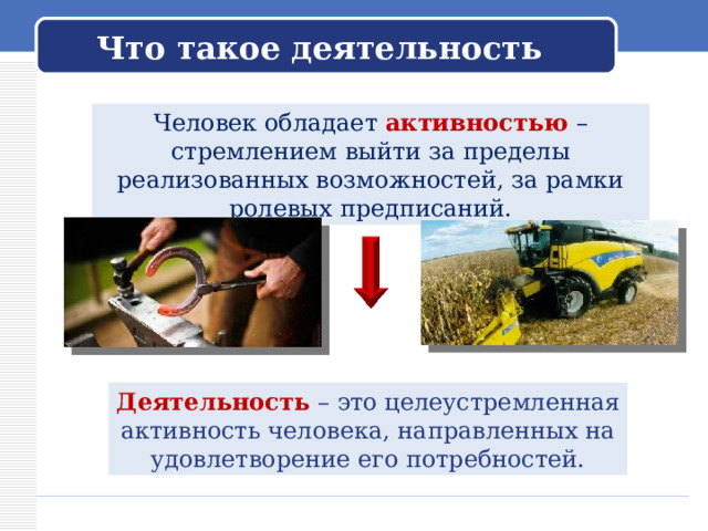  Что такое деятельность   Человек обладает активностью – стремлением выйти за пределы реализованных возможностей, за рамки ролевых предписаний. Деятельность – это целеустремленная активность человека, направленных на удовлетворение его потребностей. 
