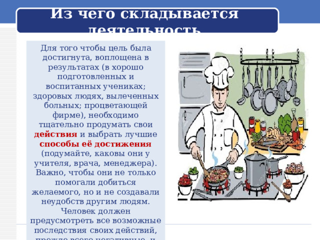  Из чего складывается деятельность   Для того чтобы цель была достигнута, воплощена в результатах (в хорошо подготовленных и воспитанных учениках; здоровых людях, вылеченных больных; процветающей фирме), необходимо тщательно продумать свои действия и выбрать лучшие способы её достижения (подумайте, каковы они у учителя, врача, менеджера). Важно, чтобы они не только помогали добиться желаемого, но и не создавали неудобств другим людям. Человек должен предусмотреть все возможные последствия своих действий, прежде всего негативные, и стремиться свести их к минимуму. 