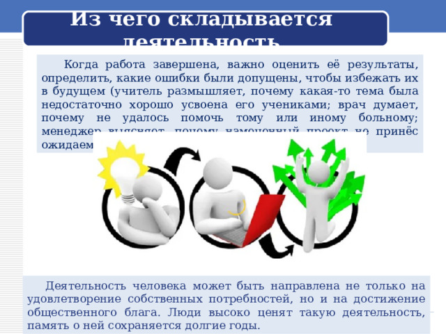  Из чего складывается деятельность    Когда работа завершена, важно оценить её результаты, определить, какие ошибки были допущены, чтобы избежать их в будущем (учитель размышляет, почему какая-то тема была недостаточно хорошо усвоена его учениками; врач думает, почему не удалось помочь тому или иному больному; менеджер выясняет, почему намеченный проект не принёс ожидаемой прибыли).  Деятельность человека может быть направлена не только на удовлетворение собственных потребностей, но и на достижение общественного блага. Люди высоко ценят такую деятельность, память о ней сохраняется долгие годы. 