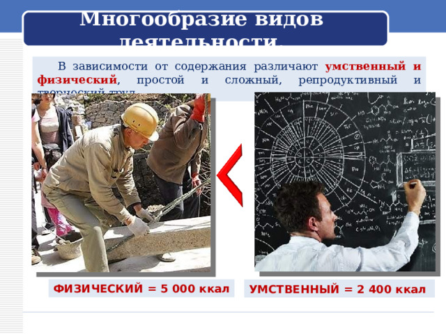  Многообразие видов деятельности.    В зависимости от содержания различают умственный и физический , простой и сложный, репродуктивный и творческий труд. ФИЗИЧЕСКИЙ = 5 000 ккал УМСТВЕННЫЙ = 2 400 ккал 