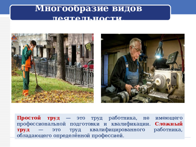 Многообразие видов деятельности.   Простой труд — это труд работника, не имеющего профессиональной подготовки и квалификации. Сложный труд — это труд квалифицированного работника, обладающего определённой профессией. 