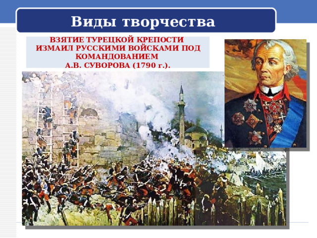 Виды творчества ВЗЯТИЕ ТУРЕЦКОЙ КРЕПОСТИ ИЗМАИЛ РУССКИМИ ВОЙСКАМИ ПОД КОМАНДОВАНИЕМ А.В. СУВОРОВА (1790 г.). 