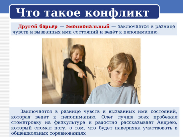 Что такое конфликт  Другой барьер — эмоциональный — заключается в разнице чувств и вызванных ими состояний и ведёт к непониманию.  Заключается в разнице чувств и вызванных ими состояний, которая ведет к непониманию. Олег лучше всех пробежал стометровку на физкультуре и радостно рассказывает Андрею, который сломал ногу, о том, что будет наверняка участвовать в общешкольных соревнованиях 