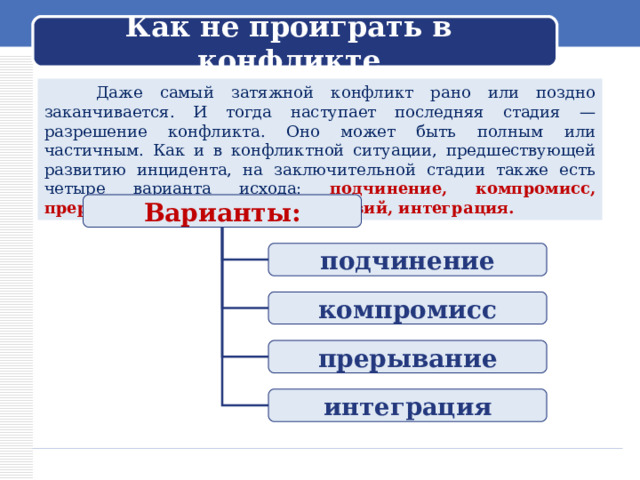 Как не проиграть в конфликте  Даже самый затяжной конфликт рано или поздно заканчивается. И тогда наступает последняя стадия — разрешение конфликта. Оно может быть полным или частичным. Как и в конфликтной ситуации, предшествующей развитию инцидента, на заключительной стадии также есть четыре варианта исхода: подчинение, компромисс, прерывание конфликтных действий, интеграция. Варианты: подчинение компромисс прерывание интеграция 