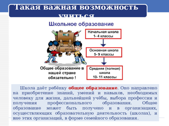 Такая важная возможность учиться  Школа даёт ребёнку общее образование . Оно направлено на приобретение знаний, умений и навыков, необходимых человеку для жизни, дальнейшей учёбы, выбора профессии и получения профессионального образования. Общее образование может быть получено и в организациях, осуществляющих образовательную деятельность (школах), и вне этих организаций, в форме семейного образования. 