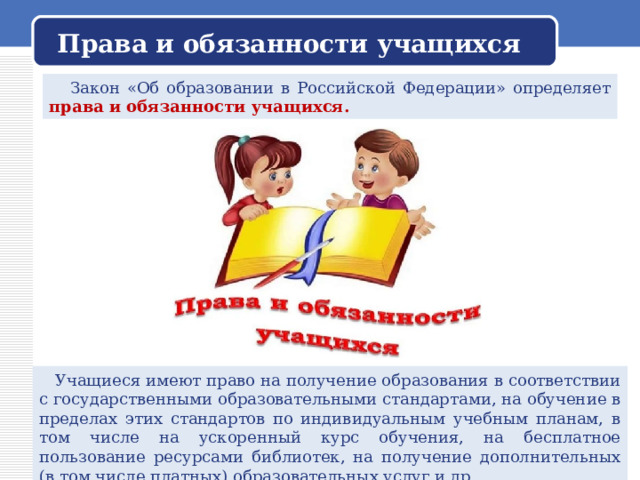 Права и обязанности учащихся  Закон «Об образовании в Российской Федерации» определяет права и обязанности учащихся.  Учащиеся имеют право на получение образования в соответствии с государственными образовательными стандартами, на обучение в пределах этих стандартов по индивидуальным учебным планам, в том числе на ускоренный курс обучения, на бесплатное пользование ресурсами библиотек, на получение дополнительных (в том числе платных) образовательных услуг и др. 