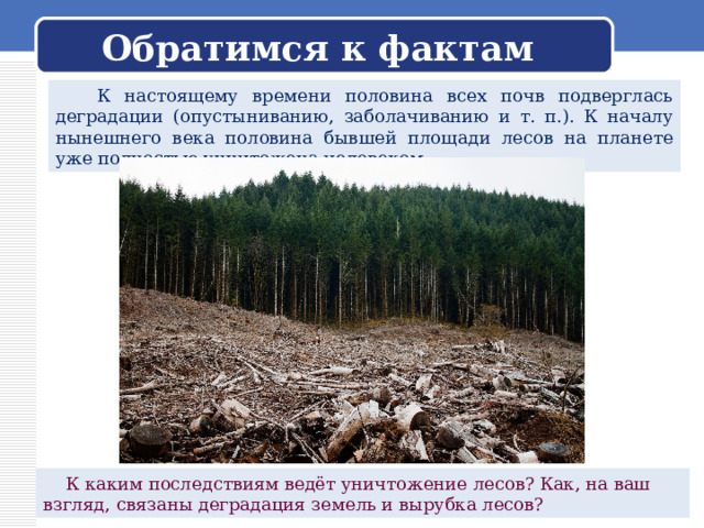 Обратимся к фактам  К настоящему времени половина всех почв подверглась деградации (опустыниванию, заболачиванию и т. п.). К началу нынешнего века половина бывшей площади лесов на планете уже полностью уничтожена человеком.  К каким последствиям ведёт уничтожение лесов? Как, на ваш взгляд, связаны деградация земель и вырубка лесов? 