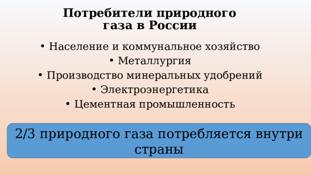 Потребители природного газа в России  Население и коммунальное хозяйство  Металлургия  Производство минеральных удобрений  Электроэнергетика  Цементная промышленность 2/3 природного газа потребляется внутри страны 
