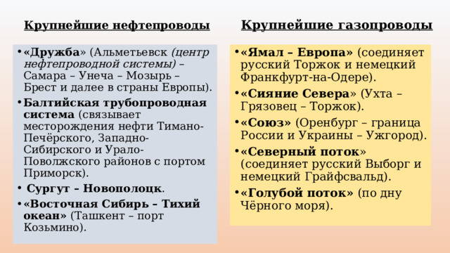 Крупнейшие нефтепроводы Крупнейшие газопроводы «Дружба » (Альметьевск (центр нефтепроводной системы) – Самара – Унеча – Мозырь – Брест и далее в страны Европы). Балтийская трубопроводная система (связывает месторождения нефти Тимано-Печёрского, Западно-Сибирского и Урало-Поволжского районов с портом Приморск).  Сургут – Новополоцк . «Восточная Сибирь – Тихий океан» (Ташкент – порт Козьмино). «Ямал – Европа» (соединяет русский Торжок и немецкий Франкфурт-на-Одере). «Сияние Севера » (Ухта – Грязовец – Торжок). «Союз» (Оренбург – граница России и Украины – Ужгород). «Северный поток » (соединяет русский Выборг и немецкий Грайфсвальд). «Голубой поток» (по дну Чёрного моря). 