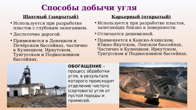 Способы добычи угля Карьерный (открытый) Шахтный (закрытый) Используется при разработке пластов, залегающих близко к поверхности. Отличается дешевизной. Применяется в Канско-Ачинском, Южно-Якутском, Ленском бассейнах, Частично в Кузнецком, Иркутском, Тунгусском и Подмосковном бассейнах. Используется при разработке пластов с глубоким залеганием. Достаточно дорогой. Применяется в Донецком и Печёрском бассейнах, частично в Кузнецком, Иркутском, Тунгусском и Подмосковном бассейнах. ОБОГАЩЕНИЕ – процесс обработки угля, в результате которого происходит отделение чистого (сортового) угля от пустой породы и примесей. 