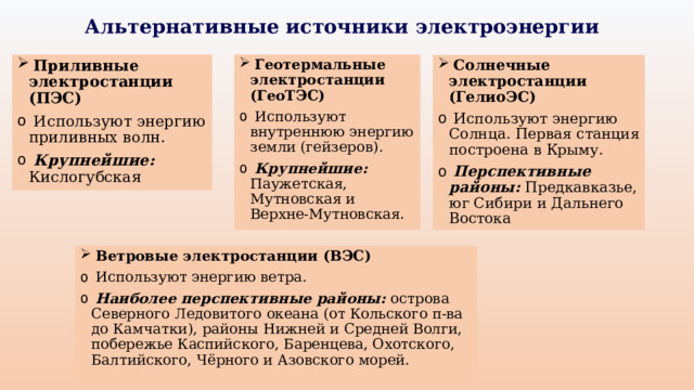 Альтернативные источники электроэнергии  Приливные электростанции (ПЭС)  Геотермальные электростанции (ГеоТЭС)  Используют энергию приливных волн.  Крупнейшие: Кислогубская  Используют внутреннюю энергию земли (гейзеров).  Крупнейшие: Паужетская, Мутновская и Верхне-Мутновская.  Солнечные электростанции (ГелиоЭС)  Используют энергию Солнца. Первая станция построена в Крыму.  Перспективные районы: Предкавказье, юг Сибири и Дальнего Востока  Ветровые электростанции (ВЭС)  Используют энергию ветра.  Наиболее перспективные районы: острова Северного Ледовитого океана (от Кольского п-ва до Камчатки), районы Нижней и Средней Волги, побережье Каспийского, Баренцева, Охотского, Балтийского, Чёрного и Азовского морей. 
