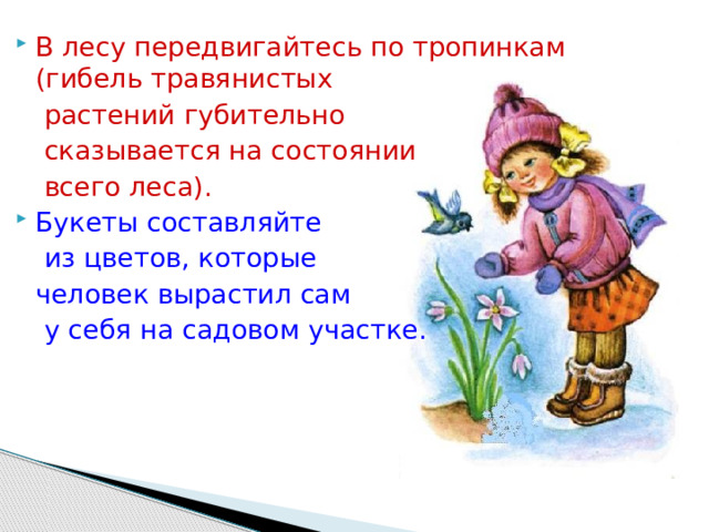 В лесу передвигайтесь по тропинкам (гибель травянистых   растений губительно   сказывается на состоянии   всего леса). Букеты составляйте   из цветов, которые  человек вырастил сам   у себя на садовом участке. 
