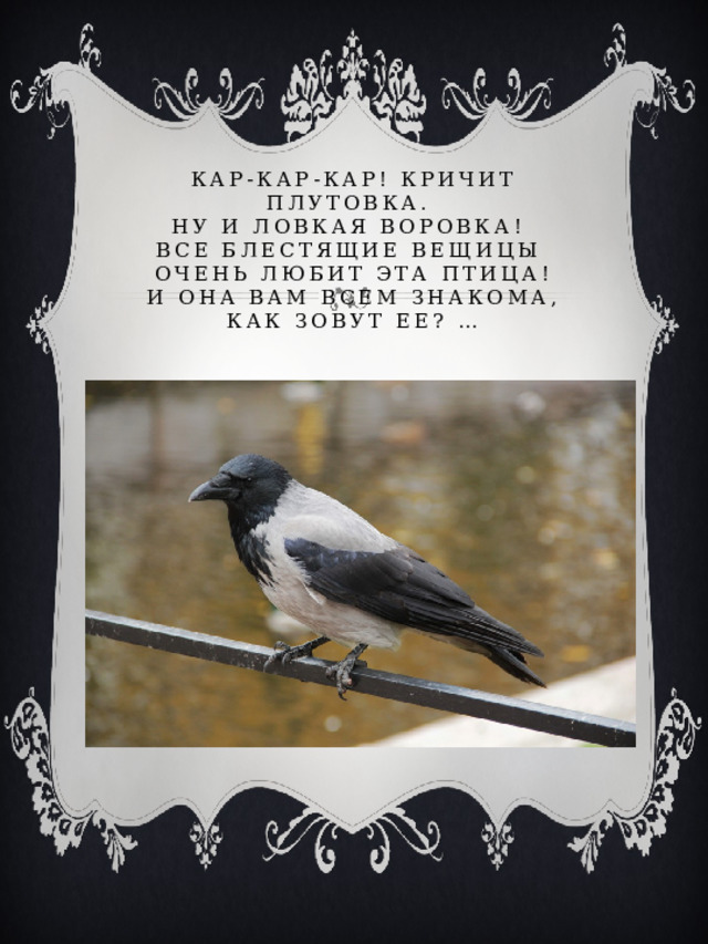 Кар-кар-кар! Кричит плутовка.  Ну и ловкая воровка!  Все блестящие вещицы  Очень любит эта птица!  И она вам всем знакома,  Как зовут ее? …   